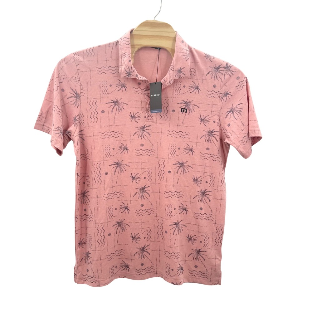 TravisMathew Mens XL Pink Tropical Palm Tree Print Short Sleeve Golf Polo Shirt - Picture 2 of 10